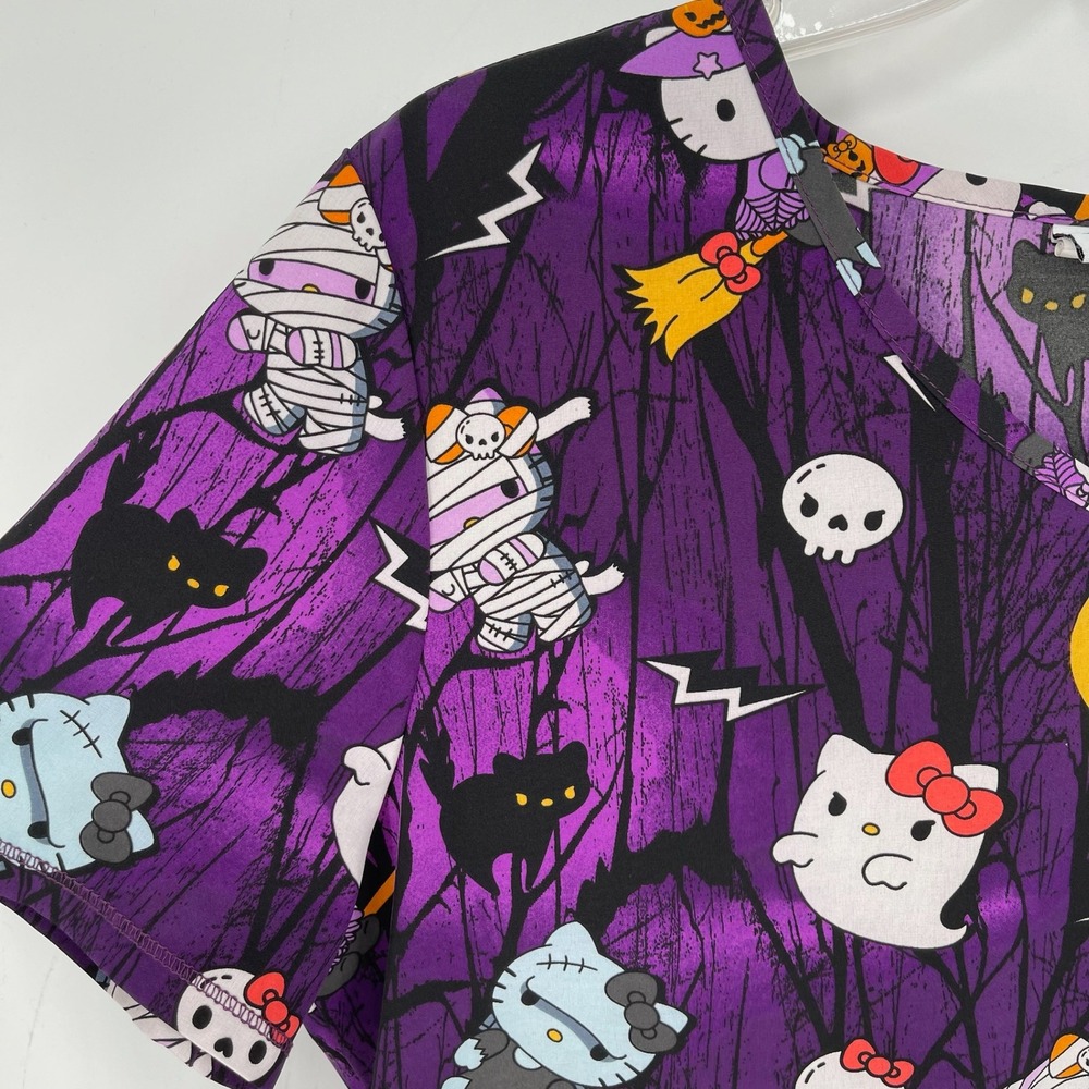 Hello Kitty Women's Purple Halloween Spooky Stretch Nurse Scrub Top Size M - Picture 3 of 6